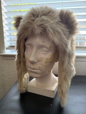 Faux Fur Bear Ear Trapper Hat in Light Beige